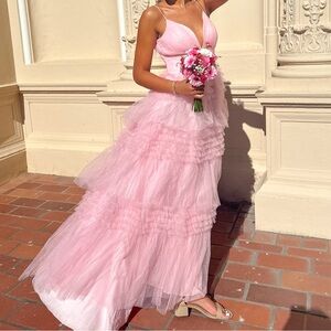 Pink Tiered Ruffle Long Ball Gown with Straps